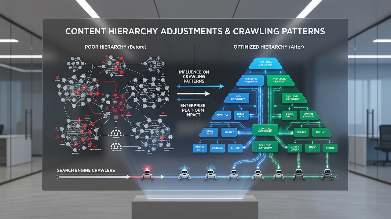 Diagram illustrating before and after content hierarchy changes affecting search engine crawl paths